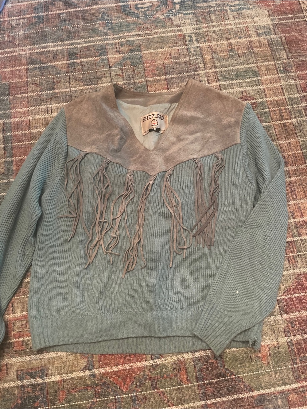 Women's Sheplers Teal Western Fringe Suede Yoke Sweater